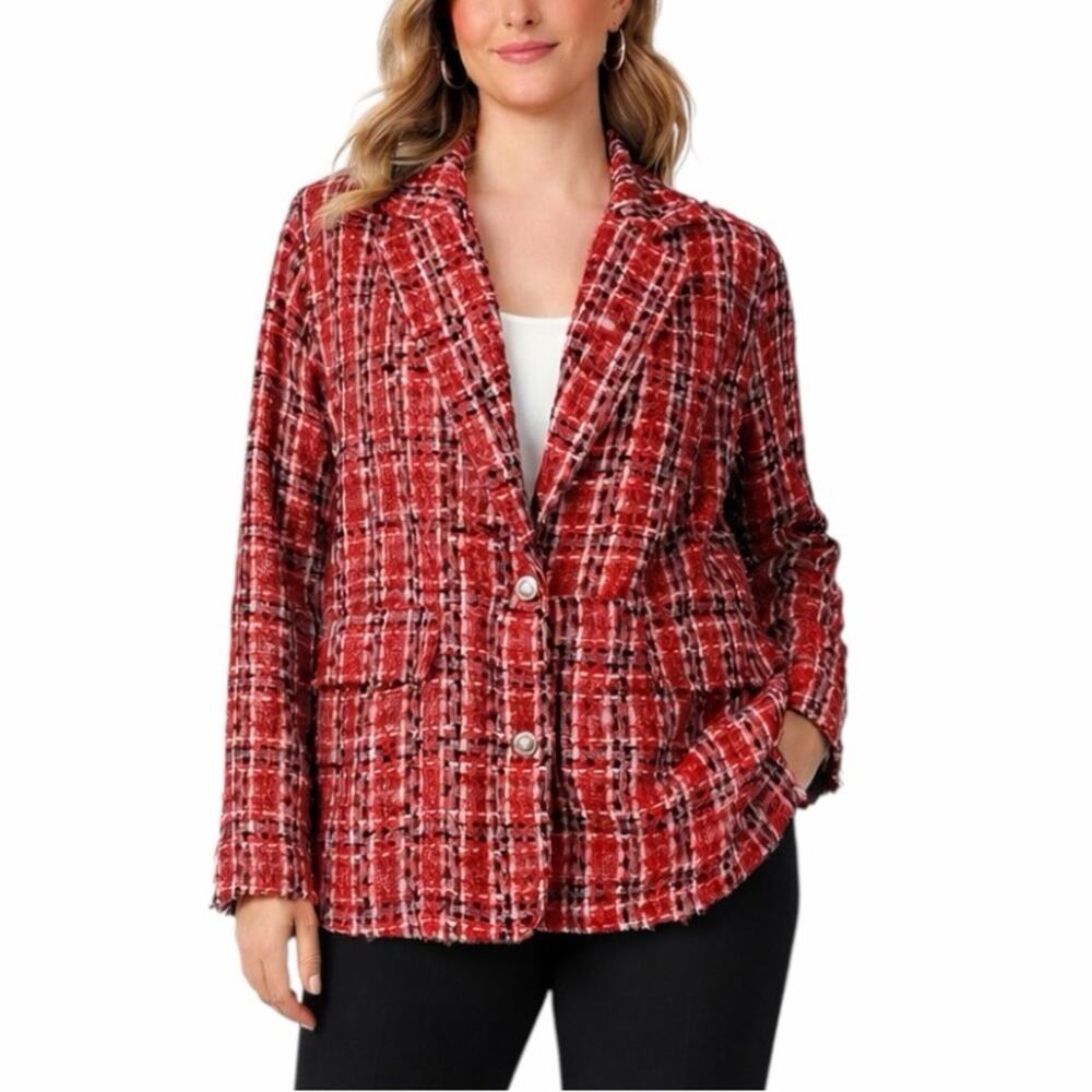POL Tweed Blazer 2 Button Closure Relaxed Red Black Plaid Women’s Size Medium